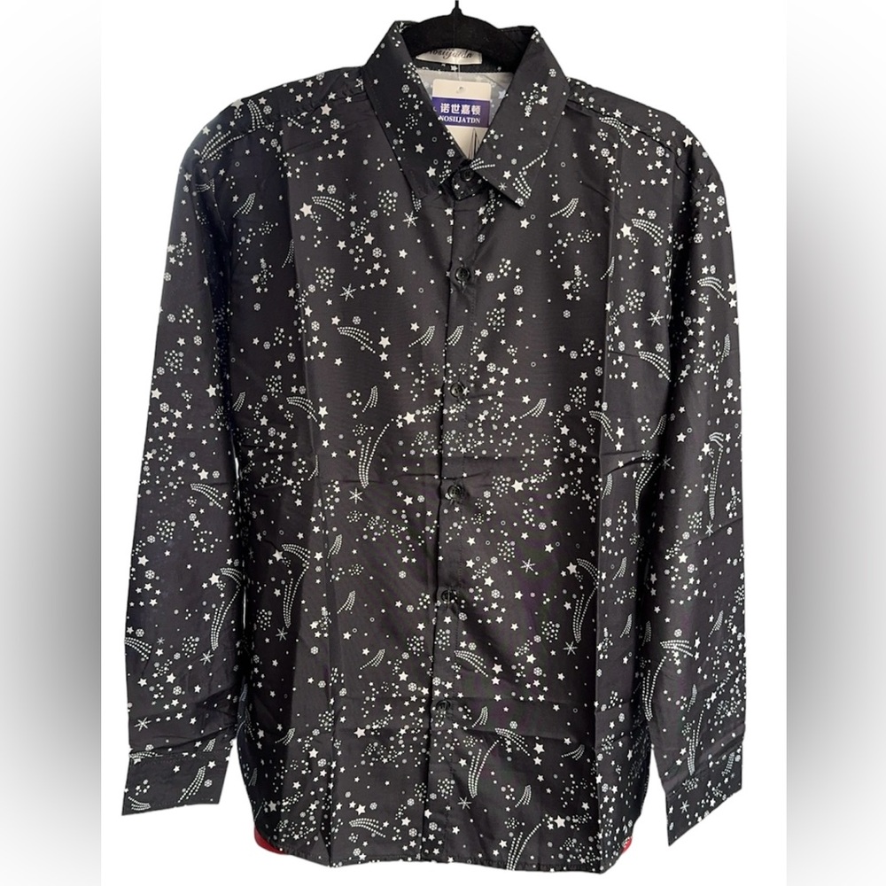 Galaxy of Stars Long Sleeve Men Button Up Shirt - Size: Small - Color:Blue/White
